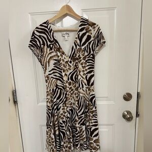Joseph Ribkoff Brown and White Animal Print Midi Dress